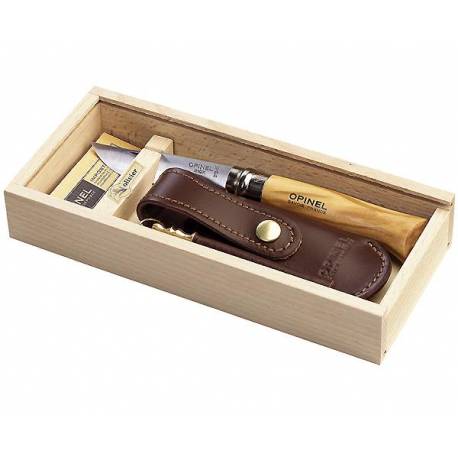 Set cadou OPINEL cutit nr 8, inox, maner lemn maslin, teaca piele