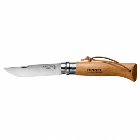 Cutit OPINEL Nr 08, inox, maner din lemn de fag, snur de piele