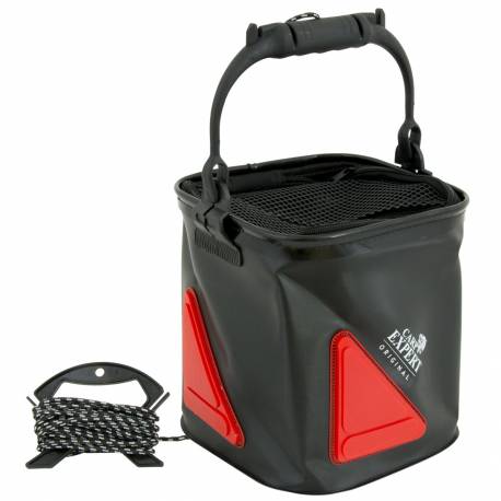 Bac nada pliabil Carp Expert Water Bucket + Cord/Clip, Rosu/Negru, 18x18x22cm