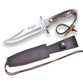 Cutit Joker Bowie cu teaca piele, lama 16 cm otel inox, maner corn cerb