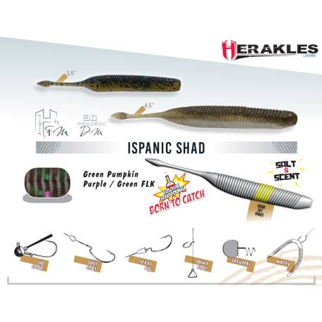 Naluca HERAKLES Shad Ispanic 11.4cm, culoare Green Pumpkin Purple/Green Flake, 9buc/plic