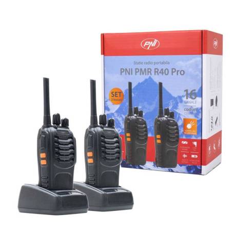 Set 2 statii radio portabile PNI PMR R40 PRO, acumulatori 1200mAh, incarcatoare si casti incluse