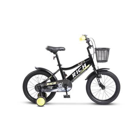 Bicicleta copii 3-5 ani Rich R1405A, roti 14", V-Brake, roti ajutatoare, Negru/Verde