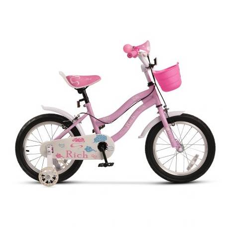 Bicicleta fete 2-4 ani RICH BABY R1208A, roti 12", C-Brake, roti ajutatoare, cadru Roz cu design Alb