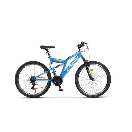 Bicicleta MTB-Full Suspension Rich R2649A, Sunrun 21 Viteze, Roti 26 Inch, Frane V-Brake, Albastru/Verde/Alb