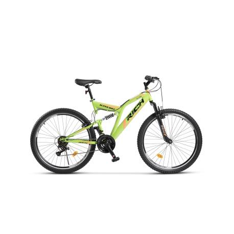 Bicicleta MTB-Full Suspension Rich R2649A, Sunrun 21 Viteze, Roti 26 Inch, Frane V-Brake, Verde/Portocaliu/Negru