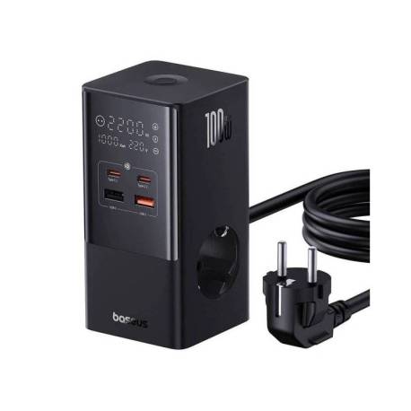 Incarcator de retea BASEUS PowerCombo, cu prelungitor, 100W, 2x AC, 2x USB-C, 2x USB-A, 1.5m, Negru