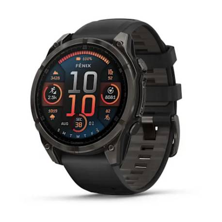 Ceas GARMIN fēnix 8 – 47mm, AMOLED Sapphire, Titan DLC gri carbon, curea din silicon neagră/Pebble Grey