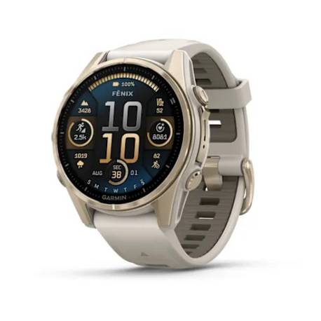 Ceas GARMIN fēnix 8 – 43mm, AMOLED Sapphire, Soft Gold, curea din silicon Fog Grey/Dark Sandstone