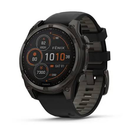 Ceas GARMIN fēnix 8 – 47mm, Solar, Sapphire, Titan DLC gri carbon cu curea din silicon neagră/Pebble Grey